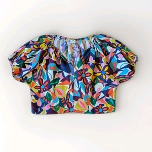 Velvet Graham Spencer Oversized Linen Blouse XS Boxy Retro Floral Cropped Artsy